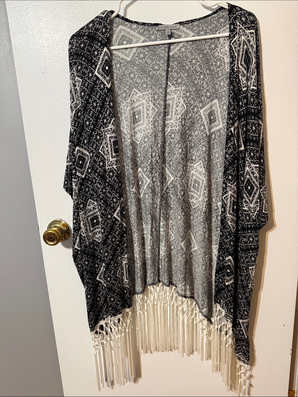 Charlotte Russe Black and White Fringe Drape Kimono